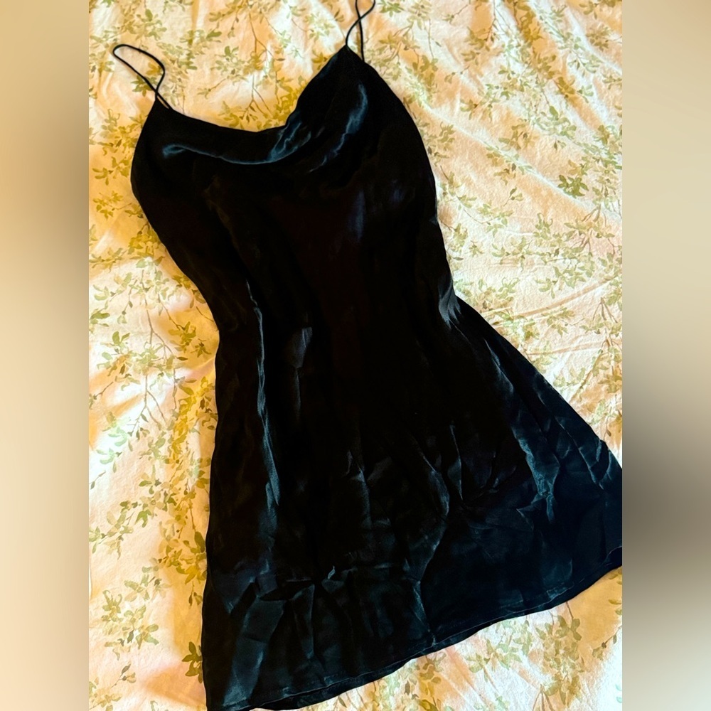Zara Cowl Neck Black Satin Mini Slip Dress​​